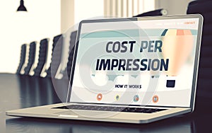 Cost Per Impression on Laptop in Conference Hall. 3D.
