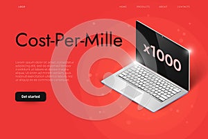 Cost per mille advertisement illustration concept with realistic isometric laptop. Thousand content viewing concept