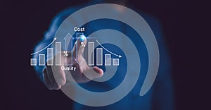 Cost and quality control, businessman touches a digital chart of the inverse relationship between cost and quality, falling bar photo