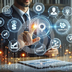 3 Cost and quality control concept. Person touch virtu photo
