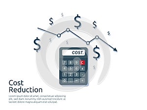 cost reduction concept. calculator and arrow line decrease. dollar money fall down symbol. economy stretching rising drop. Busines