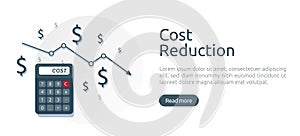 cost reduction concept. calculator and arrow line decrease. dollar money fall down symbol. economy stretching rising drop. Busines