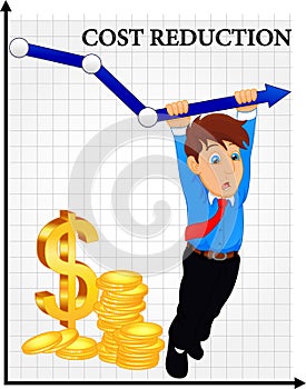 Cost reduction concept. Cost down. Businessman with his hand lowers the arrow of the graph