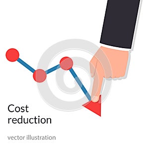Cost reduction concept. Cost down. Businessman with his hand lowers the arrow of the graph. Decrease down profit