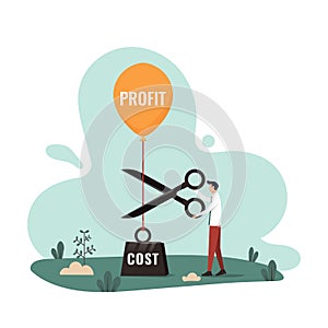 Cost reduction, cut expense to increase profit. improve business profitability by reduce spending. businessman using scissors to