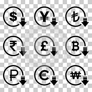 Cost reduction- decrease dollar euro icon. Vector symbol image isolated on background