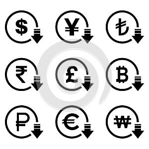 Cost reduction- decrease dollar euro icon. Vector symbol image isolated on background