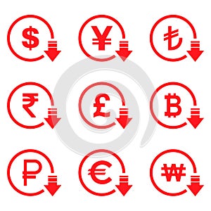 Cost reduction- decrease dollar euro icon. Vector symbol image isolated on background