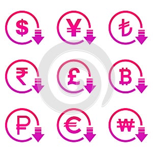 Cost reduction- decrease dollar euro icon. Vector symbol image isolated on background