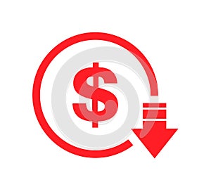 Cost reduction- decrease dollar icon. Vector symbol image isolated on background