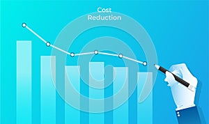 Cost reduction design concept. Businessman drawing graph of bar chart with pencil vector illustration. Reduction or decrease extra