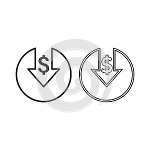 Cost reduction icon. Dollar decrease icon. Dollar Down icon. Money symbol with arrow. Vector illustration. EPS 10.