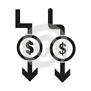 Cost reduction icon. Dollar decrease icon. Money symbol with arrow. Dollar down icon. Vector illustration. EPS 10.