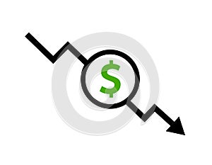 Cost reduction icon dollar. Price decrease arrow symbol. business sale sign illustration