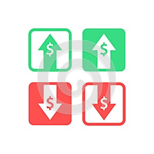 Cost reduction icon. Profit money. Arrow up and down. Image isolated on white background. Vector illustration.