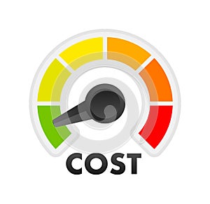 Cost reduction Level Meter, measuring scale. Cost reduction Level speedometer indicator. Price management. Vector stock