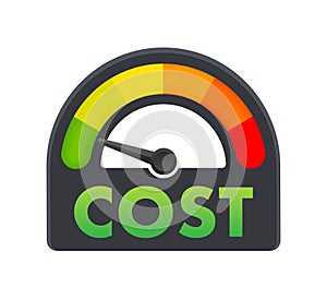 Cost reduction Level Meter, measuring scale. Cost reduction Level speedometer indicator. Price management. Vector stock