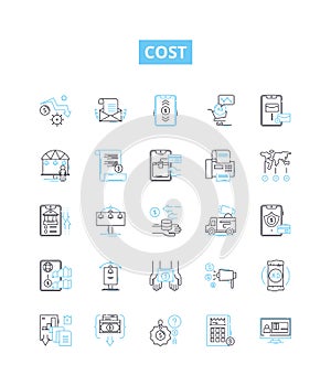 Cost vector line icons set. Expense, Price, Tariff, Levy, Vendor, Outlay, Toll illustration outline concept symbols and