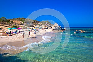 Spaggia di Santa Giusta beach with famous Peppino rock, Costa Rei, Sardinia, Italy