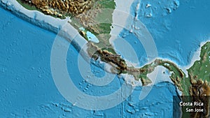 Costa Rica border shape overlay. Bevelled. Relief. Labels