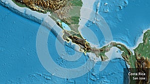 Costa Rica border shape overlay. Outlined. Relief. Labels