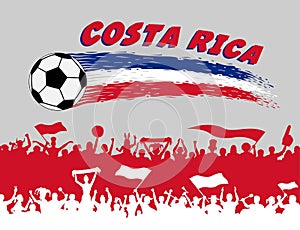 Costa Rica flag colors with soccer ball and Costa Rican supporters silhouettes