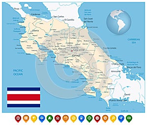 Costa Rica Map and Colorful Map Markers