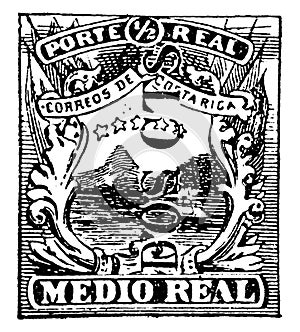 Costa Rica Medio Real Stamp in 1882, vintage illustration photo