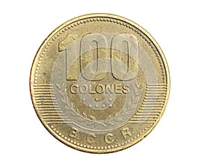 Costa Rica one hundred colones coin on a white isolated background