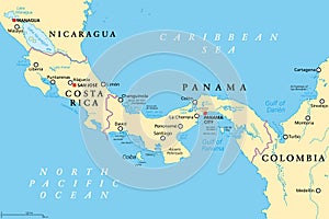 Costa Rica and Panama, Isthmus of Panama and Darien Gap, political map