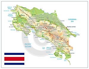 Costa Rica Physical Map Isolated On White