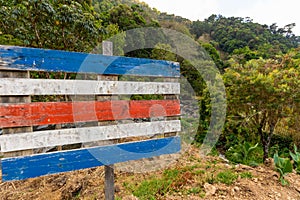 Costa Rica, Symbol of the country, Colors of the National Flag painted on a wooden palette against the background of the jungle