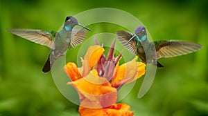 Costa Rica wildlife. Talamanca hummingbird, Eugenes spectabilis, flying next to beautiful orange flower with green forest in the