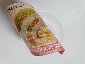 Costa Rican banknote of 1000 colones and white background