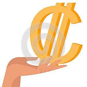 Costa Rican colon in female hand. Money in hand. Earn money, salary symbol. Flat vector illustration