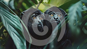 Costa rican jungle howler monkeys in lush foliage, dynamic wildlife with hyperrealistic detail