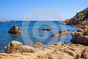 Costa Smeralda coast harbor of Tyrrhenian Sea seen from Porto Cervo, luxury yacht port and resort in Sardinia,