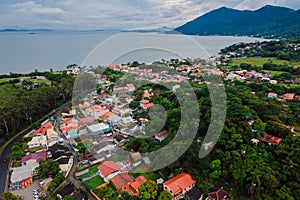 Costal town near Ribeirao da Ilha in Florianopolis. Drone view photo