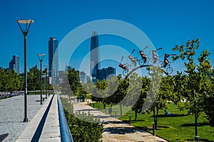 Costanera Center and Skyline in Santiago, Chile with Park and Mo