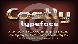 Costly alphabet font. 3D gold letters, numbers and symbols with diamonds.