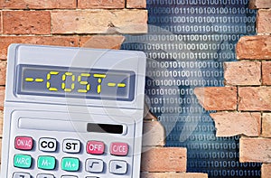 Costs about Data Breach - concept with cracked brick wall, binary code and calculator with COSTS text written on it