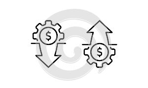 Costs optimization and production efficiency, cost management icon. Reduce, decrease price. Inflation sign. Vector on isolated