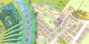 Costs of urbanization - concept with an imaginary General Urban Plan with indications of urban destinations, buildings, buildable