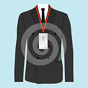 Costume of a businessman with an identification card. Identification card hangs on the businessman`s suit.