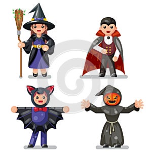 Costume halloween children masquerade party kids characters icons set flat design vector illustration