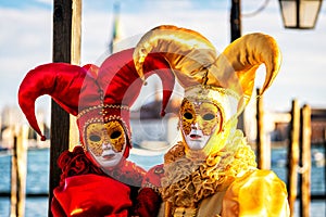 Costume reveller poses during the Carnival in Venice, Italy.