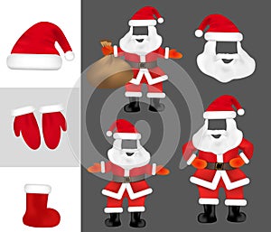 Costume Santa Claus beard and mustaches photo props. Set Christmas mask and mittens, boot. Vector
