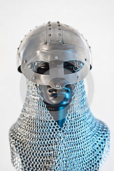 Costume, Viking helmet with chain mail in a black mannequin on w