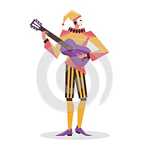 A costumed character in Venetian carnival. Cheerful harlequin with a guitar.