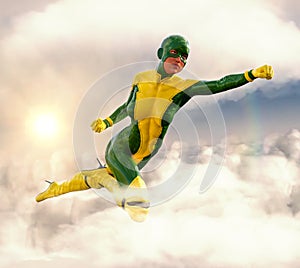 Costumed female superhero flying through cloudy sky